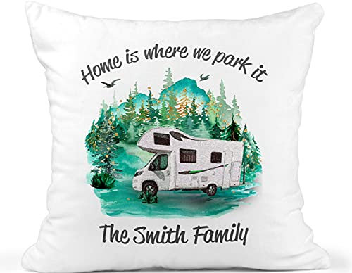 Personalised Caravan cushion with Family Name, Home Is Where We Park It, Custom Motorhome and Campervan Pillow, Retirement Gift
