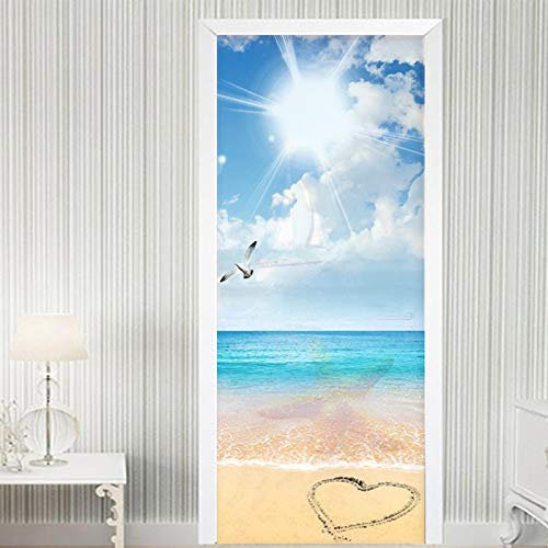 FHKGIUJAD Fototapeten 3D Türtapete Selbstklebend Blau Meer Strand Selbstklebendes Pvc Wasserdicht Fototapete Türfolie Poster Tapete Abnehmbare Türabziehbilder Türdekoration 77X200Cm