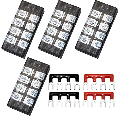 MEETOOT 4PCS 4 Positions Dual Row 600V 25A Screw Terminal Strip Blocks with Cover + 4PCS 4 Positions 15A Terminal Barrier Strips