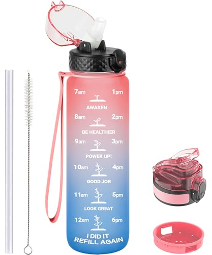 GOPPUS Botella Agua de 1l/32 oz con Pajita Botella de Bebidas Irrompible a Prueba de Fugas con Marcas de Tiempo Botella Deportiva Tritan para Gimnasio Escuela Grande para Adultos Sin BPA con 2 Tapas