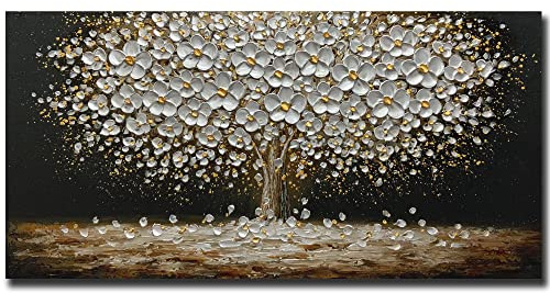 ART8YUQI Paintings - Abstract Art Oil Painting on Canvas Texture 3D Silver Tree Gary Painting Handmade Artwork Canvas