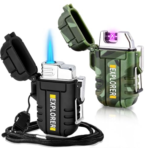 2 Pack Waterproof Lighter Outdoor Windproof Torch Lighters Dual Arc Butane Electric Lighters USB Rechargeable Lighters Flameless Plasma Lighter Camping Hiking Adventure Survival Tactical Gear