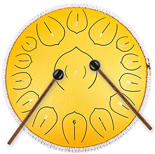 Steel Tongue Drum 14 Zoll 15 Tone Zungentrommel Ätherische Trommel Stahl Handpan Drum Schlaginstrument Mit Schlägel Hammer Für Meditation Unterhaltung Konzert Yoga,Gelb