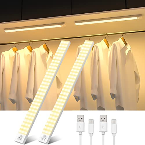 Schrankbeleuchtung LED 2Stück, 43.5CM LED Unterbauleuchte Küche, 2500mAh USB Wiederaufladbar Küchenlampe mit Bewegungsmelder, 84 LEDS Küchenlampe für Schlafzimmer, Schrank, Kleiderschrank(Warmweiß)