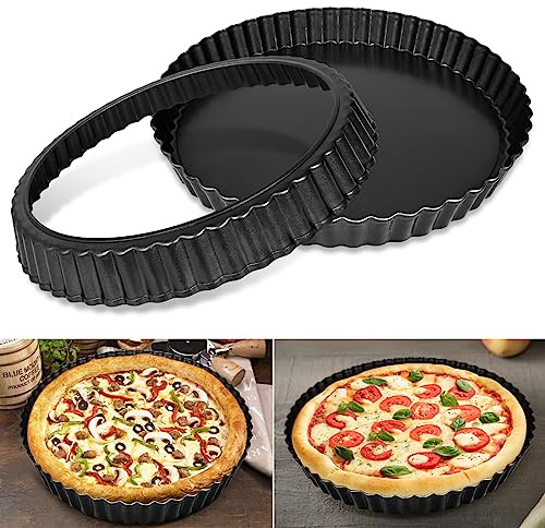 SEGNAYEN Lot de 2 moules à tarte, 22 cm avec base amovible, moule à quiche antiadhésif, cannelé, moule à tarte amovible pour la cuisson, mini moule à quiche rond profond