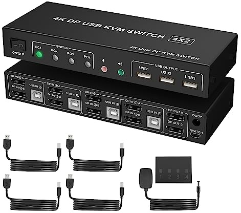 4 Port KVM Switch Dual Monitor Displayport 4K 60Hz, KVM Switch 2 Monitors 4 Computers with 3 USB 2.0 Ports and with Audio Microphone Output, DP Monitor Switch for 4 PCs 2 Monitors