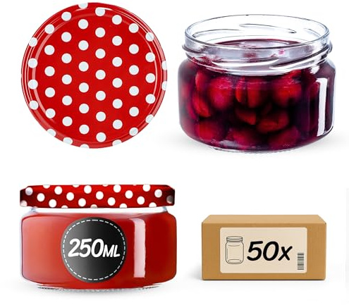 KADAX 50er Set Einmachgläser 250ml TO82 Rot gepunktet, Marmeladengläser Vorratsgläser Mason Jar mit Schraubdeckel, Luftdicht & Spülmaschinenfest, Honig- & Dessertgläser