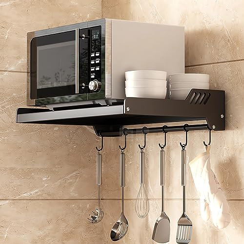 FREEUP Mikrowelle Regal Wand für Küche, Wand Mikrowellenhalter Regal Edelstahl, schwarz mikrowellenhalterung mit 6 Haken, Klebemontage oder Bohrmontage