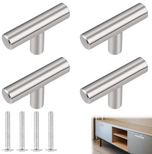 QttvbTna 4 Pcs T Bar Door Handles, Stainless Steel Single Hole T Bar Handle Silver Cabinet Handles, Furniture Drawer Pulls for Kitchen Bedroom Furniture Dresser