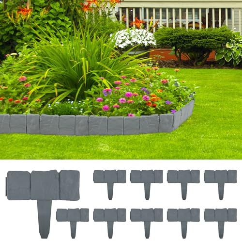 Forever Speed 40 PCS Bordures de Jardin 10m Bordure de Pelouse Bordure de Gazon Jardin Clôture Bordure Clôture Effet Pierre Gris Bords de Pelouse en Plastique