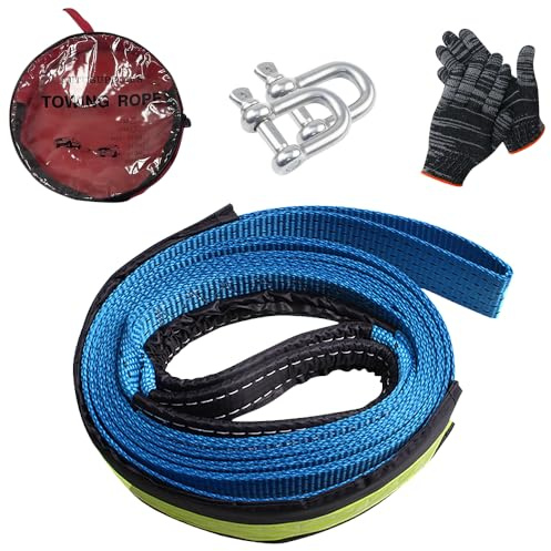 CLIUNT Cuerda de Remolque, Correa de Remolque de Emergencia de 5 M y 10 T, Cuerda de Remolque Resistente con Tiras Reflectantes con 2 Ganchos Reforzados y Guantes y una Bolsa de Transporte