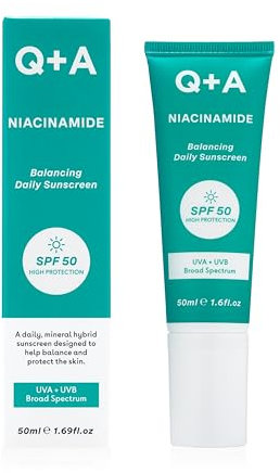 Q+A Niacinamide SPF 50 Balancing Daily Sunscreen (50ml), Broad-Spectrum UVA/UVB Protection, Face Sunscreen with Aloe Vera, Oil Control and Pore Refining, Fragrance Free Skincare,Sun Protection