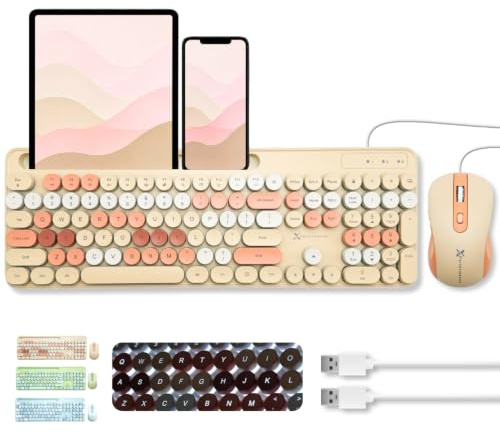 X9 Wired Keyboard and Mouse Combo - Backlit Keyboard with Round Keycaps, 109 Silent Fullsize Keys with Phone/Tablet Dock, Backlit Pastel Colorful Keyboard for Laptop, PC, Chrome - Brown