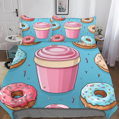 Set Copripiumino Matrimoniale 240x220 Ciambella Biancheria da Letto in Morbida Microfibra Stampa 3D Ragazze Carine Copripiumini con Cerniera + 2 Federe, E2435