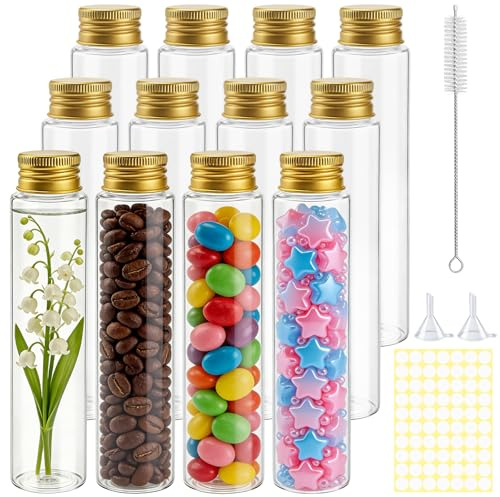 Prebarfun 12 Stück 110ml Reagenzglas Kunststoff mit Schraubverschluss, ReagenzgläSer Plastik Verschluss, Sensorik Flaschen mit Reinigungsbürste, Trichter, für Blumen, Pflanzen, Süßigkeiten
