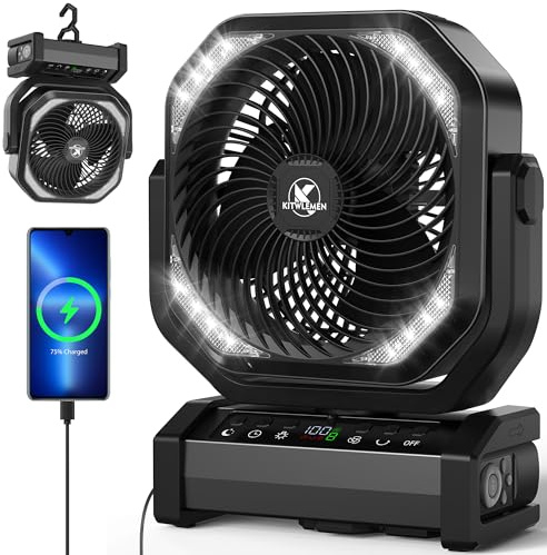 KITWLEMEN Ventilador de camping con luz, 20000 mAh, 112 horas de autonomía máx. 9 velocidades, temporizador, oscilación automática, rotación de 270° y gancho de camping, corte de corriente, huracán