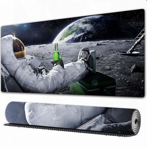 EOMKSE Mauspad Verlängertes großes Mauspad Schreibtischauflage,genähte Kanten Mauspad,Gummibasis,Der Mond Erde Planet EIN Mann trinkt Bier USA-Flagge,Gaming-Mauspad,30x80 cm