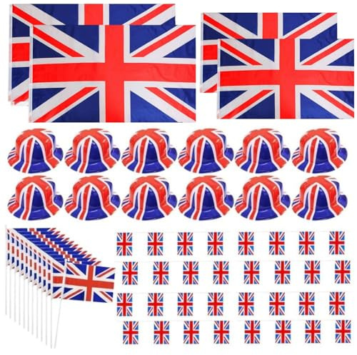 30 Piece VE Day Union Jack Party Set - 2 Packs of Bunting, 2 Large 5ft X 3ft Flags, 2 Small 3ft X 2ft Flags, 12x Hand Waving Flag and 12x Plastic Bowler Hats - Perfect for All British Events