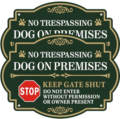 No Trespassing Dog On Premises Keep Gate Shut Sign Aluminum | 2 Pack, 25x18 cm Keep Gate Closed Sign, Weatherproof, Fade Resistant Sturdy Durable Pre-drilled Mounting Holes