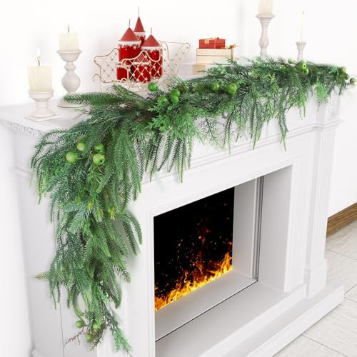 Norfolk 6ft Artificial Pine Cypress Garland Soft with Green Berries Real Touch Green Greenery Garland for Table Fireplace Stair Railing Christmas Decorations