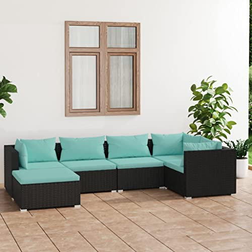KATERYY 6-TLG. Garten-Lounge-Set mit Kissen Poly Rattan Schwarz,Modulares Polyrattan Loungeset mit bequemen Polstern für den Außenbereich