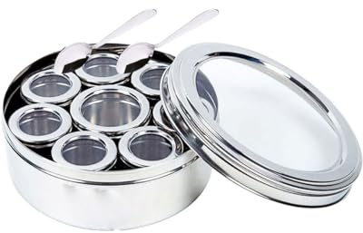 Stainless Steel Transparent Spice Box, 8 Spice Container with Glass Lid, 7 Small Container and 1 Big Container with 2 Spoons