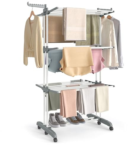 SONGMICS Large Clothes Airer, Foldable Clothes Drying Rack Horse 4-Tier, Moveable, 63.5 x 125.5 x 173 cm, Stainess Steel, Folding Wings, Indoor Outdoor Use, Cloud White and Dove Grey LLR703WZ02