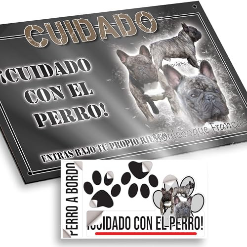Bulldog Cuidado con el Perro Cartel 15x9,5cm - Diseño Antracita Dibond con Pegatina Coche - Cuidado Perro