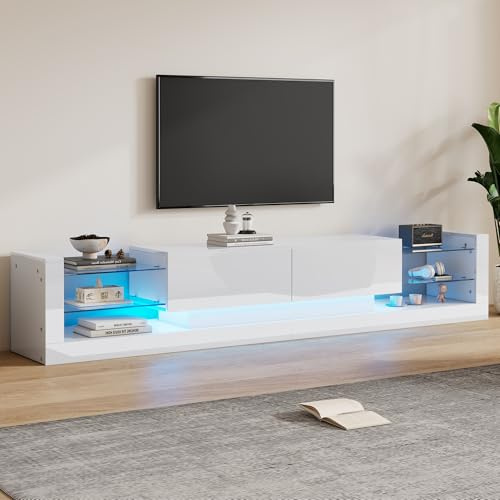 NovaFurnish Armario para TV de alto brillo con iluminación LED, 181 cm, para televisores de hasta 80 pulgadas, frontal de cristal, dos cajones plegables (blanco, 181 x 38 x 38 cm)