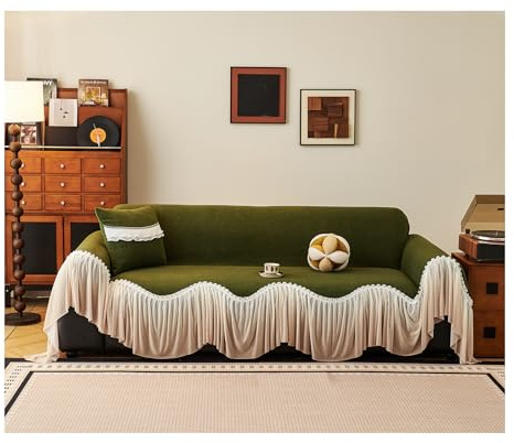 Meicynhoger Telo Copridivano Antimacchia in Peluche di Poliestere 380x180 cm - Fodera per Divano Anti-strappo con Volant Plissé in Tulle per Decorazione d'Interni (Verde, 3 Posti)