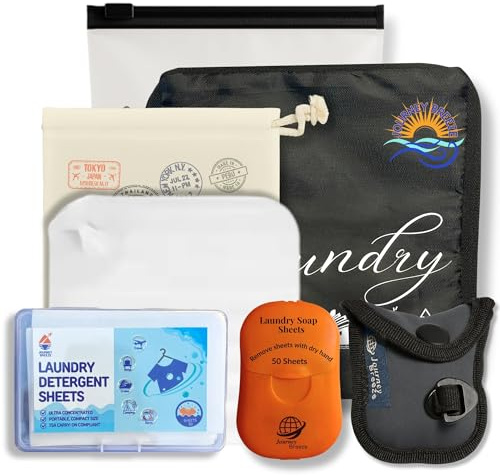 Journey Breeze Reise-Waschmittel-Set – enthält 2 Größen von Waschmittelblättern, Waschbeckenstopfen, Wäscheleine, Wäschesack, Aufbewahrungstasche aus Segeltuch und Reißverschlussbeutel – TSA-konform
