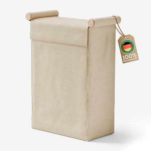 ROOMEO® Wäschekorb schmal mit Deckel, Buchenholz und Baumwolle, platzsparend modern hängend, 42L, Wäschesack abnehmbar, Wäschebox, Wäschesammler, Laundry Basket - (naturweiß)