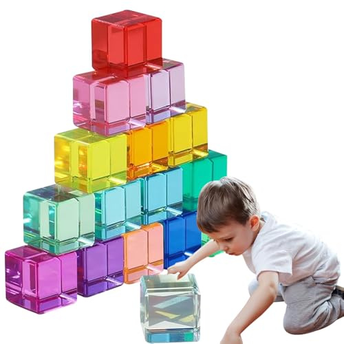 Nzkeuf Blocs de Construction Arc-en-Ciel en Acrylique, 16 Cubes colorés en Forme de Pierres précieuses, Blocs sensoriels pour Enfants à partir de 3 Ans, Jeux d'empilage