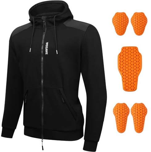 WOSAWE Motorcycle Padded Hoodie Men Fleece Motorbike Jacket with Back Elbow Pads Mesh Lining Quick Dry Biker Sweatshirt, Black L