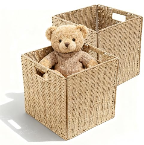 Aufbewahrungskörbe, 2PCS Korb Geflochten Küchenkorb mit Tragegriffen Faltbar Seegras Regalkorb Organizer Multifunktionaler Regalkörbe für Küche Badezimmer Schlafzimmer - 28 * 28 * 28cm