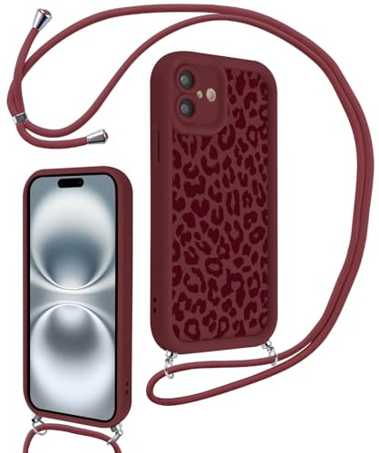 Xylota Coque avec Cordon pour iPhone 16, Aesthetic Léopard Motif Etui avec Réglable Collier Souple Silicone Corde Caméra Protection Bumper Case, Lanyard Antichoc Housse pour iPhone 16 6,1'', Bordeaux