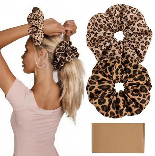 Annauiy XL chiffong satin scrunchies, 19 cm stor diameter | 8 cm extra bred kant | leopardmönster hårsnodd dam, hårsnoddar för tjockt och tunt hår, 2 stycken