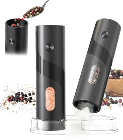 Moulin à sel et à poivre électrique, remplissage par le haut, réglage de la mouture en 5 étapes, grande capacité de 120 ml, lot de 2 moulins à poivre à piles – avec socle et éclairage LED blanc