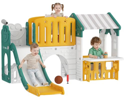 AIYAPLAY 7 in 1 Kinderrutsche mit Klettergerüst 1-4 Jahre Gelb+Grün | Kleinkindrutsche mit Basketballkorb, Tunnel, Teleskop, Stauraum, Spielhaus, Indoor und Outdoor Spielplatz, für Kleinkinder