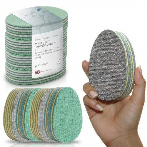 Washing up Sponge Multi Purpose household essentials Machine Washable Kitchen Cleaning Products.12 layers Super Absorbent & Durable microfibre cloth. For Window Countertop Car Dish sink & Bathroom.4PC