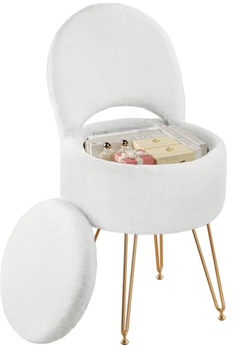 Rolanstar Tabouret de Coiffeuse en Velours avec Rangement Caché – Dossier Pliable Transformable en Repose-Pieds – Pouf de Maquillage Confortable pour Chambre ou Bureau (Blanc, Grand)