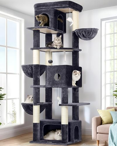 Globlazer Rascador para Grande Gato XXL, Castillo Gato Alto 204 cm con 3 Nidos, 2 Grande Perchas, 3 Suave Cesta, Árbol Rascador para Múltiple Gatos Adultos Descansar Jugar (F80F, Gris Oscuro)