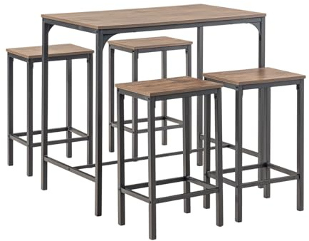 Songvas Juego de Mesa y Sillas de Bar de 5 Piezas, Mesa de Bar con Taburetes, Mesa de Bar 100×60×90 cm, 4 Taburetes 30×40×65 cm, Estructura de Metal y MDF, para Bar, Comedor, Cocina(Marrón Mader)