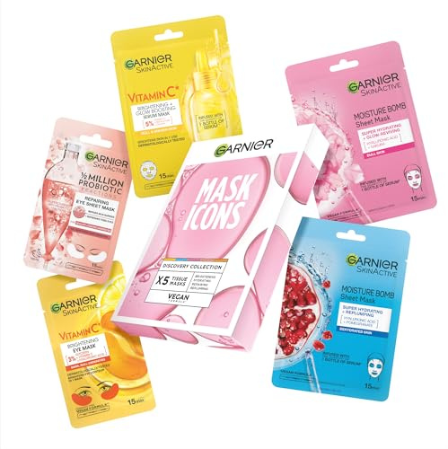 Garnier Face & Eye Sheet Masks, Mask Icons Discovery Collection (Pack of 5) | With Vitamin C*, Hyaluronic Acid & Niacinamide, For Dehydrated Dull and Tired Skin, Mask Icons Collection