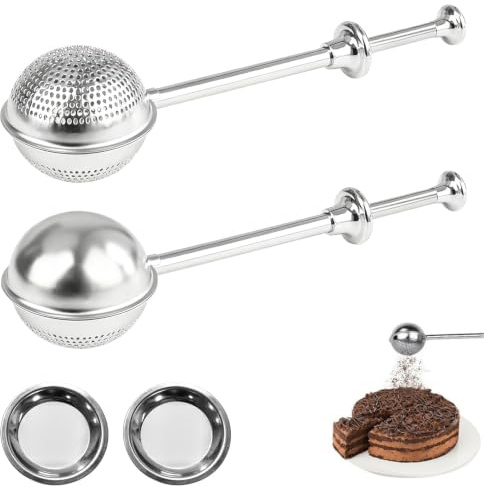 2x Edelstahl Mehlsieb 18x5x4,5cm, Mehrzweck Mehlstreuer, Backen Kuchen Brot | 2x passende runde Ablage-Schale 5x5 cm, Puderzuckerstreuer & Teesieb Tea Strainer Set, Zubehör, Gewürze