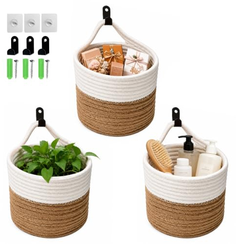 3 Stück Set Baumwoll Hängekorb Wandkorb Kleiner Korb mit Griffen | Maße 12×15cm, inkl 3 Klebehaken & 3 Kleiderhaken, aufhängbar an Wand & Fahrrad, für Obst, Blumen, Haushalt und Büro