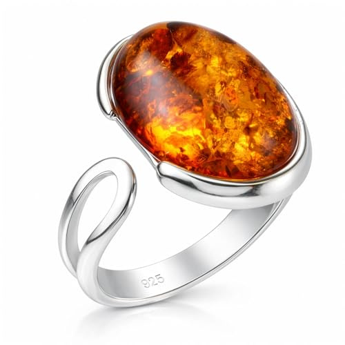 HolidayGiftShops Bague réglable Ovale en Argent Sterling et Ambre Miel Baltique