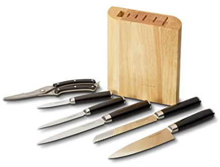 ECHTWERK Set de couteaux damassés, set de 7 couteaux, y compris ciseaux à volaille et bloc à couteaux, couteaux extrêmement tranchants et robustes avec veinure typique, acier, argent,noir