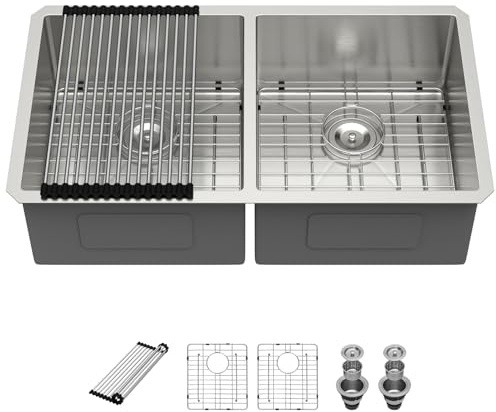 Kichae 33 Inch Undermount Kitchen Sink Double Bowl 50/50 Stainless Steel 18 Gauge Under Counter Kitchen Sink Handmade Basin with Drain Strainer