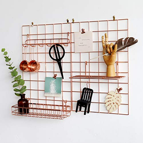 FRIADE Wall Grid Panel for Photo Display,Wall Storage Organizer,5 Metal Clips & 3 S Hooks & 4 Nails & 4 Plastic Hanging Buckles and 4 Screws Offered,Size 17.5 x 11.8,2 Pack(Rose Gold)